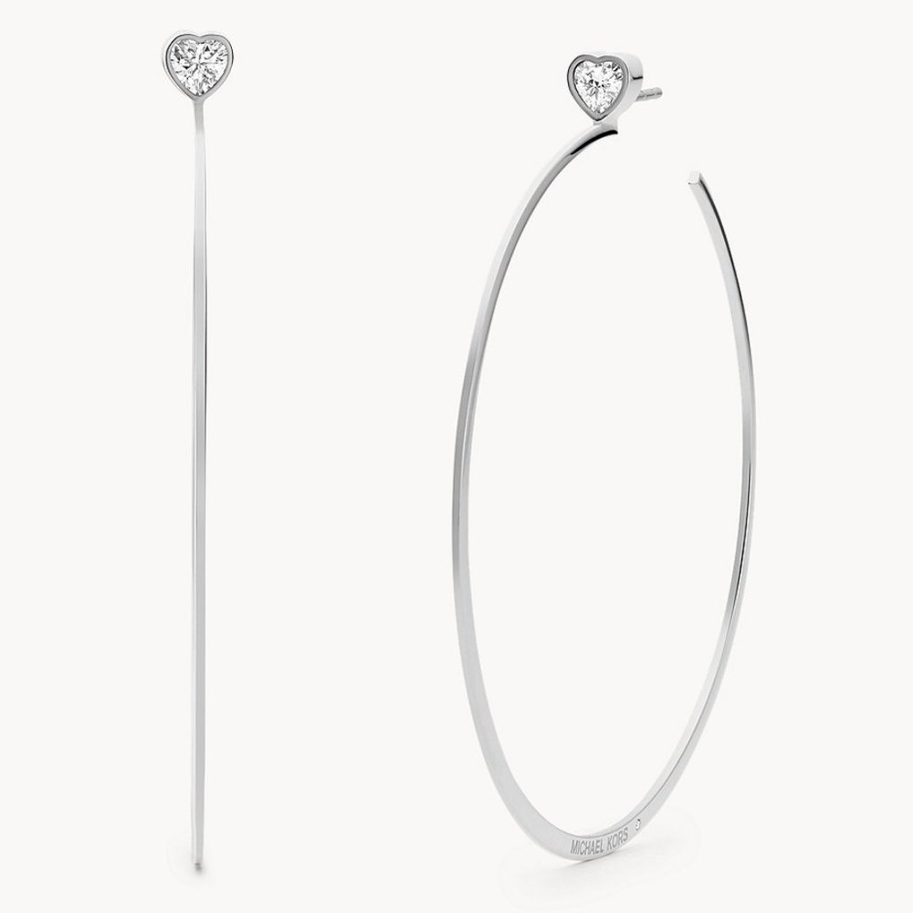 Michael Kors Stainless Steel Hoop Earring Silver-tone Heart Stud Crystal